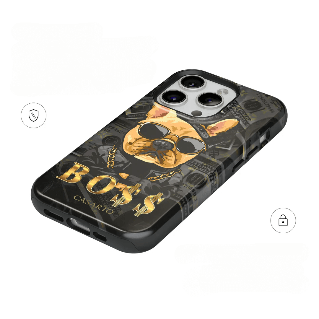 Cover-Discount's Galaxy S25 - Casarto Handyhülle Boss: Limited Edition Hülle mit französischer Bulldogge in Sonnenbrille und goldener BOSS Kette. MagSafe kompatibel für einfaches, kabelloses Laden.