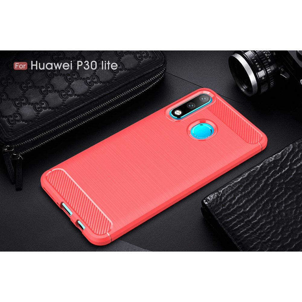 Huawei P30 Lite - Metall Carbon Look Gummi Hülle rot