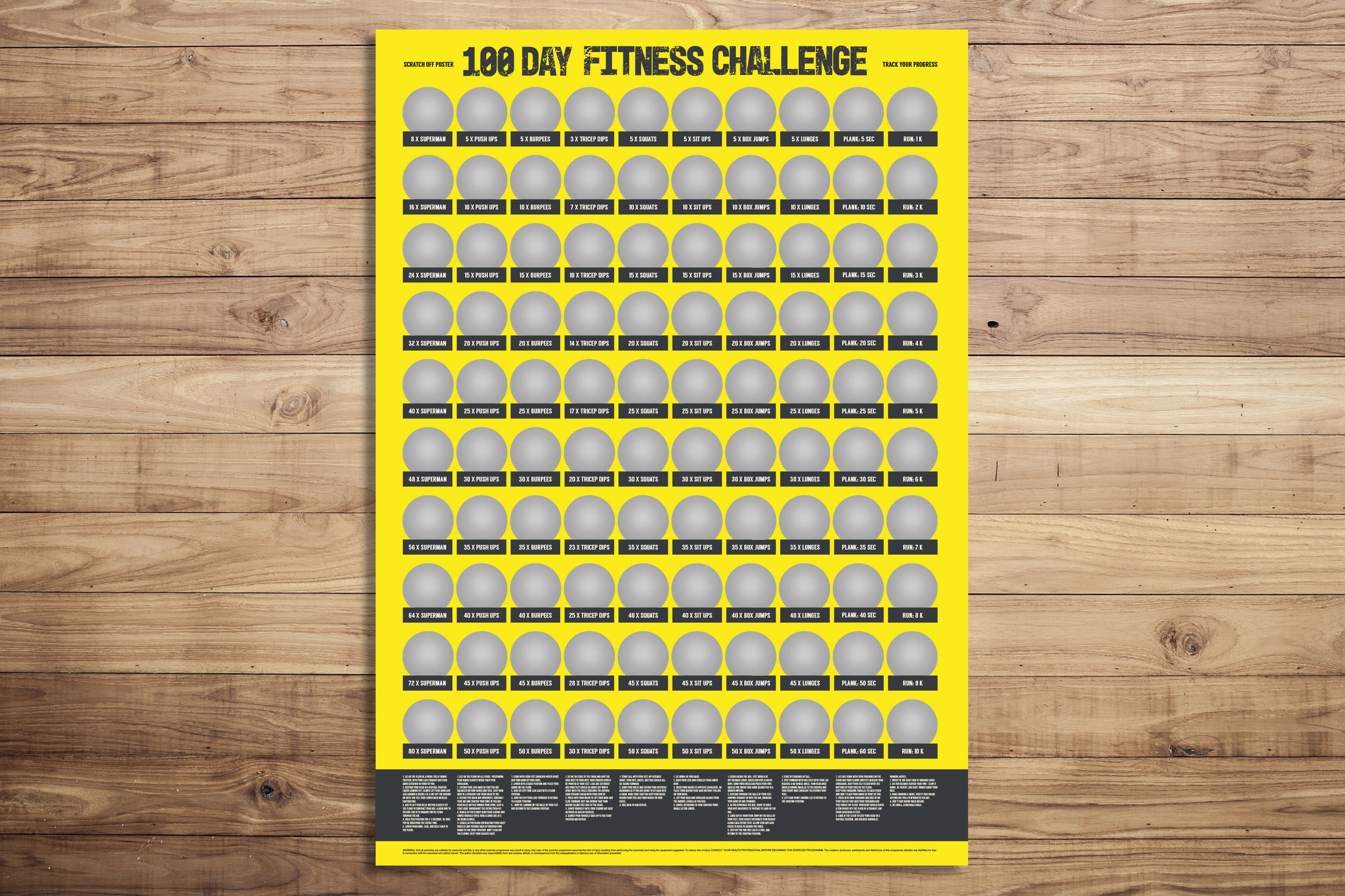 100 Tage Fitness Challenge Scratch off Poster zum Rubbeln