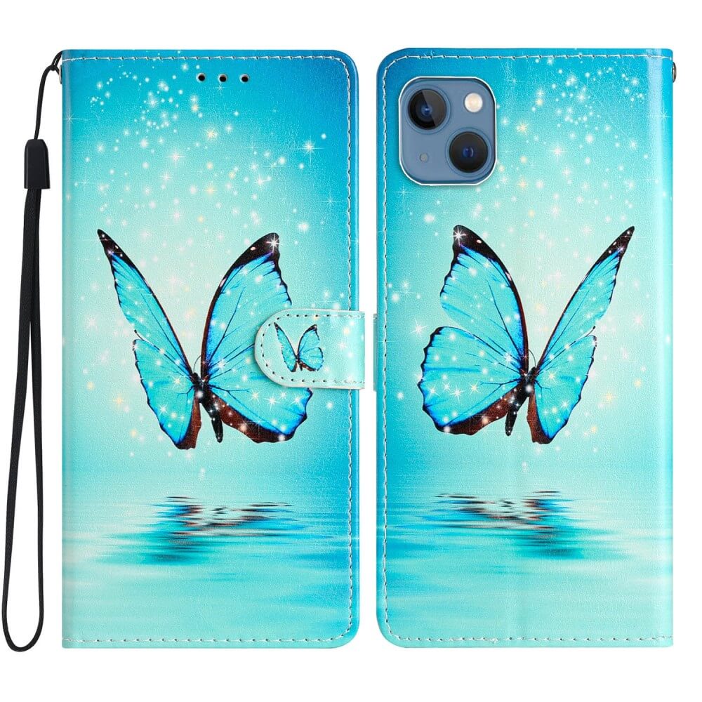 iPhone 15 Plus - Hülle Schmetterling blau mit Band