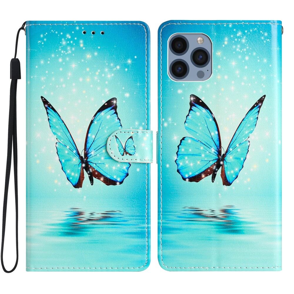 iPhone 15 Pro Max - Hülle Schmetterling blau mit Band